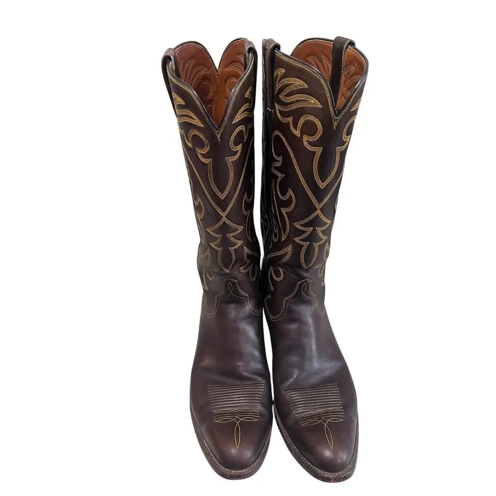 Vintage Lucchese Men’s 12 Espresso Smooth Leather Western Boots Round Toe USA